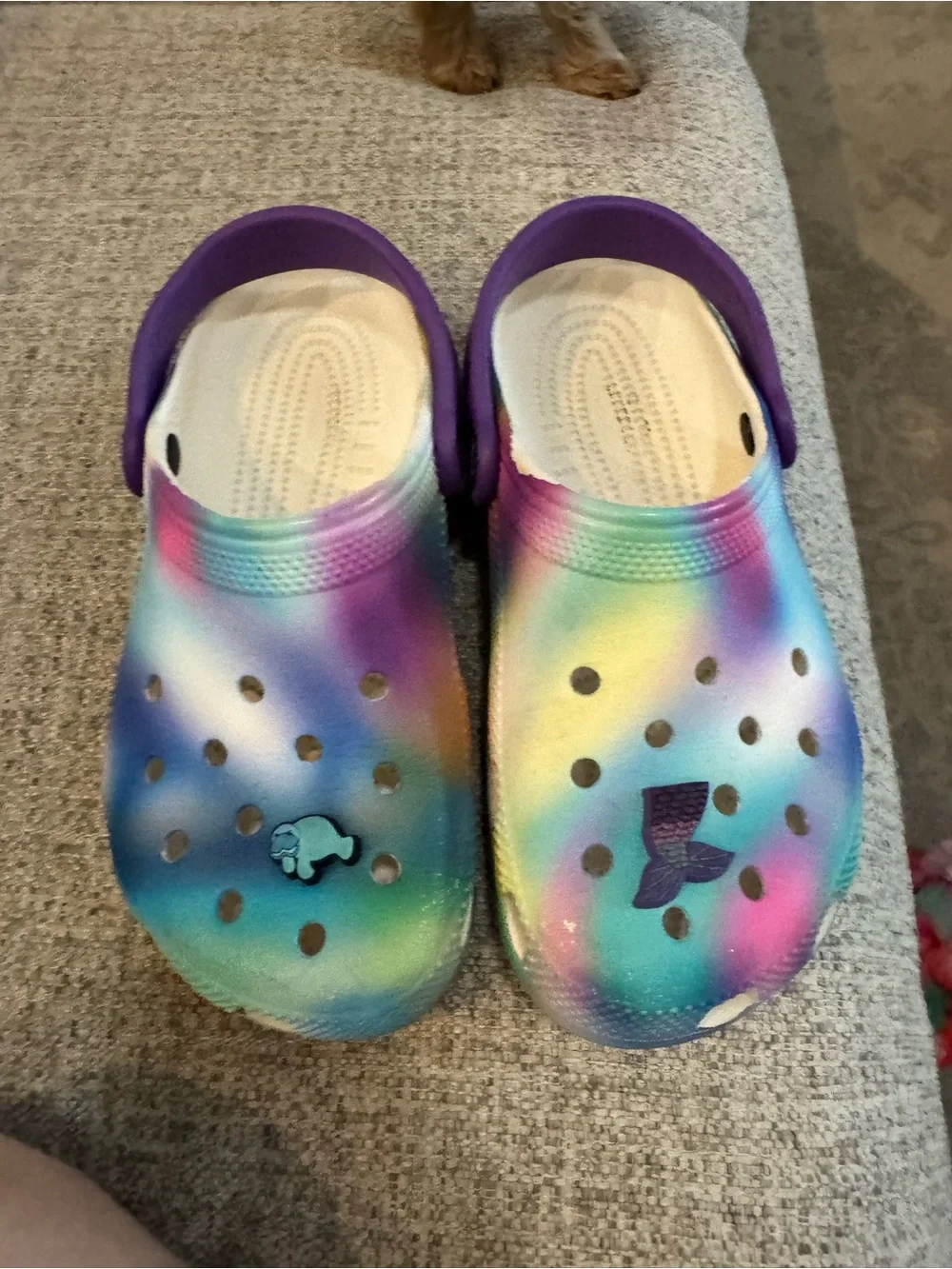 CROCS Kids Rainbow Tie-Dye Clogs with Purple Heel Strap